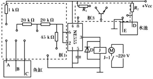 如图所示 图1 是小林设计的鱼缸水位控制装置的部分电路 数字集成电路采用NE555集成芯片,它的输入输出关系见图中表格 要求鱼缸中的水位低于B点时,电动机抽水